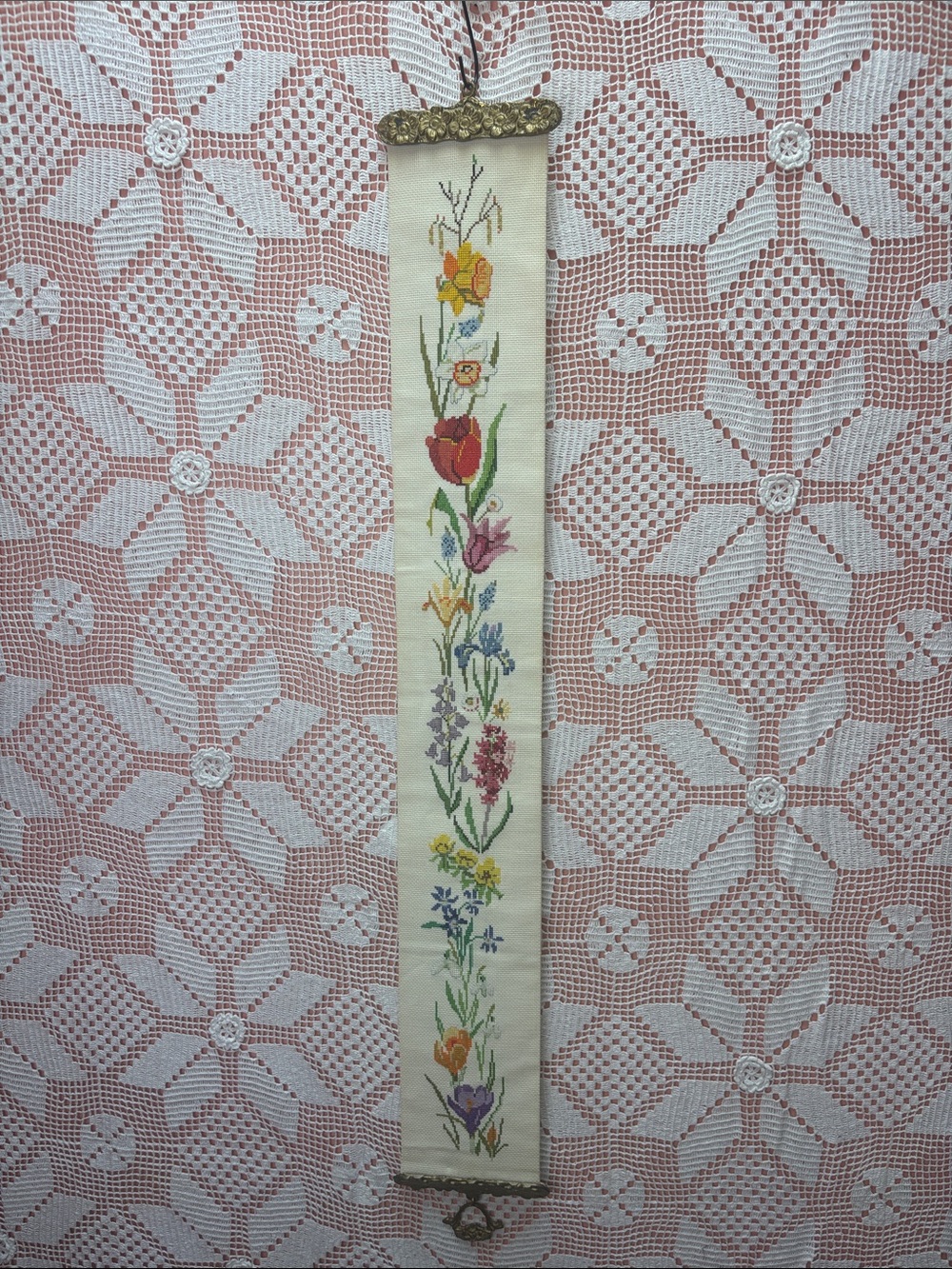 Vintage Handcrafted Floral Cross Stitch Wall Hanging โ Bell Pull Style
